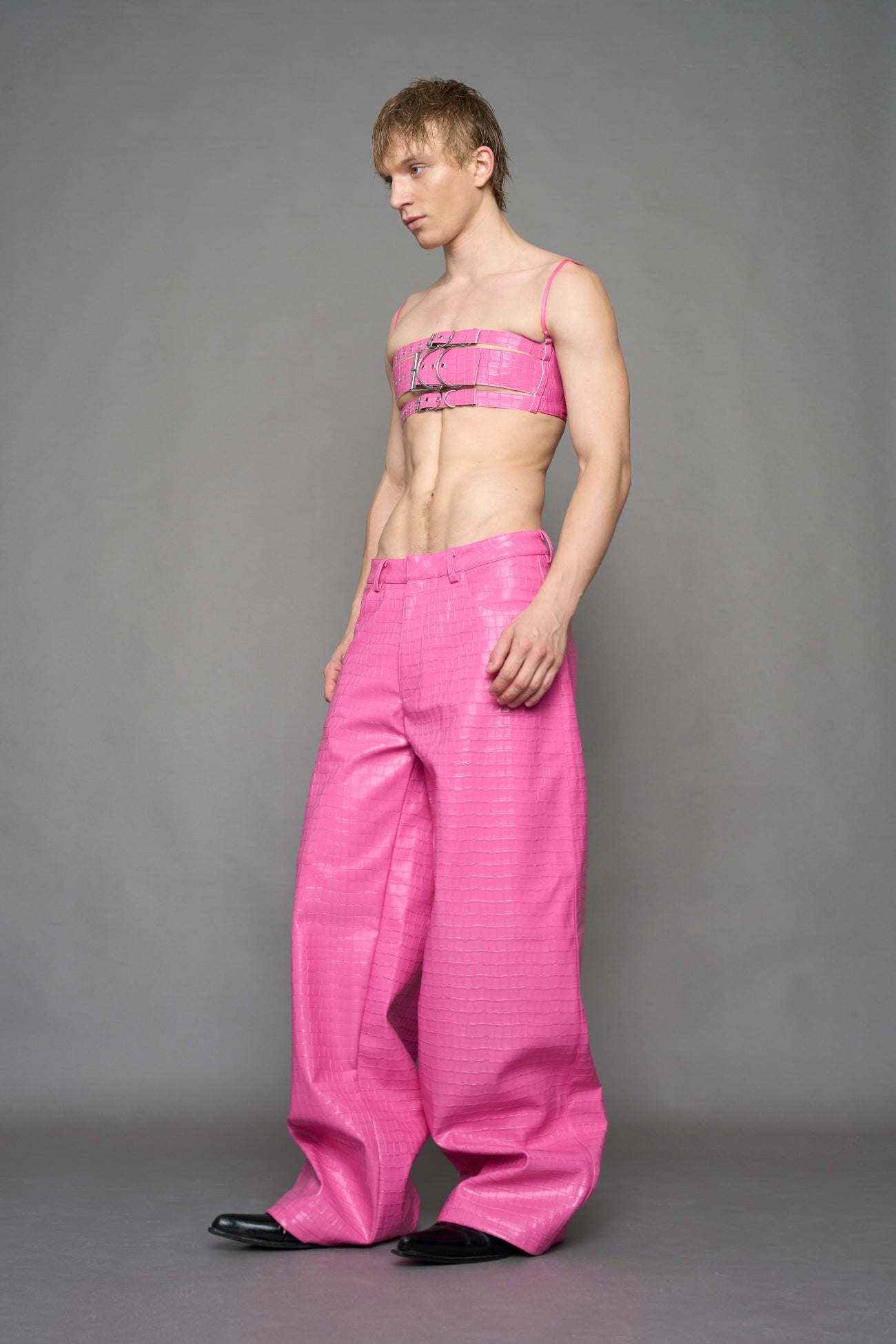 NAMILIA Leather Baggy Croc Suit Trousers - PINK, xs