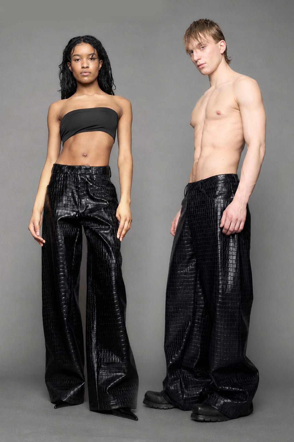 NAMILIA Leather Baggy Croc Suit Trousers - BLACK, xs