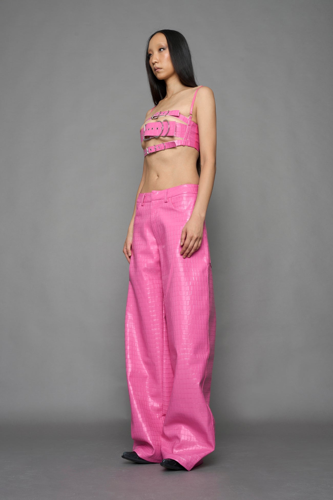 NAMILIA Leather Baggy Croc Suit Trousers - PINK, xs