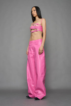 NAMILIA Leather Baggy Croc Suit Trousers - PINK, xs