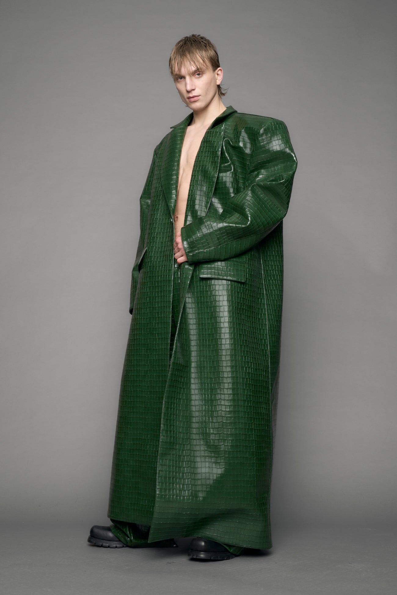 model wearing green croc vegan leather elongated blazer coat