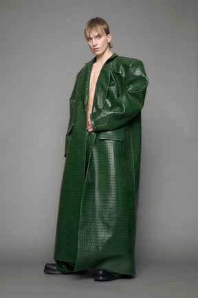 model wearing green croc vegan leather elongated blazer coat