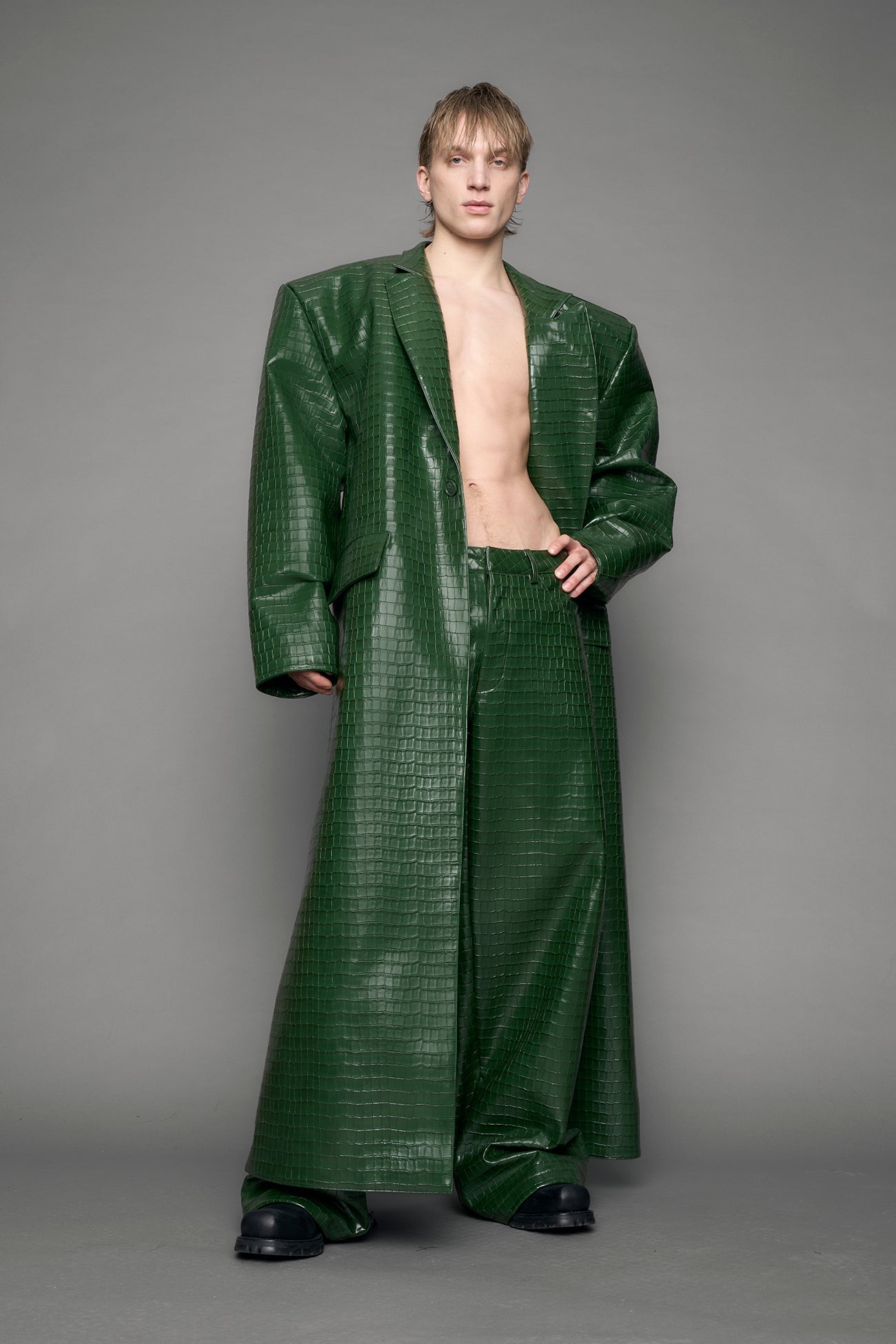 model wearing green croc vegan leather elongated blazer coat