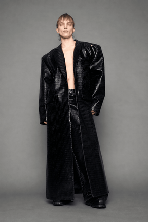 NAMILIA Leather Elongated Croc Blazer Coat - BLACK, xs