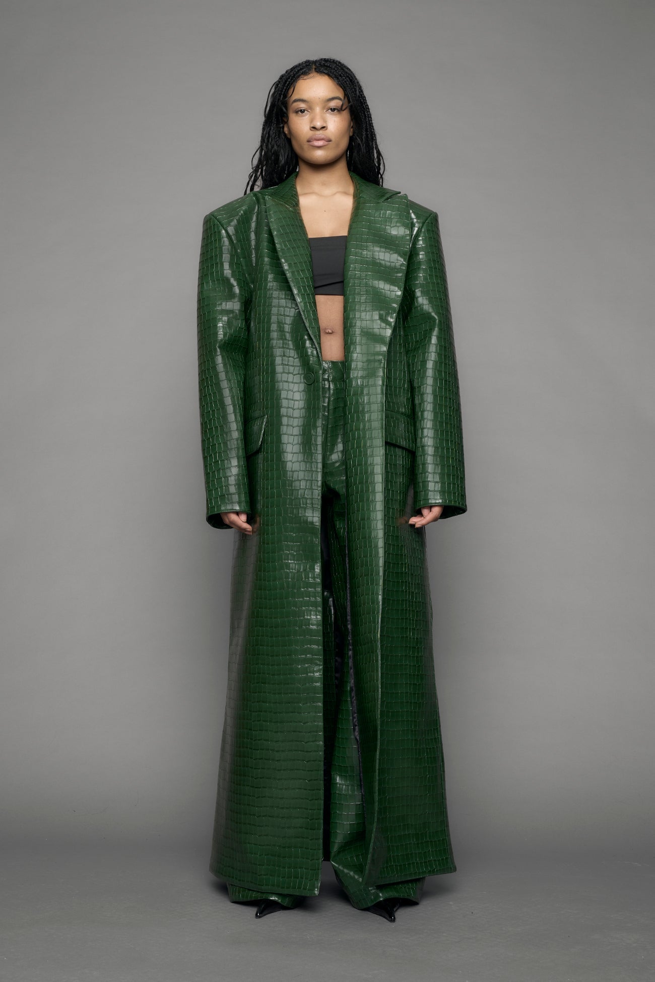 model wearing green croc vegan leather elongated blazer coat