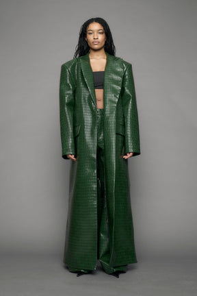 model wearing green croc vegan leather elongated blazer coat