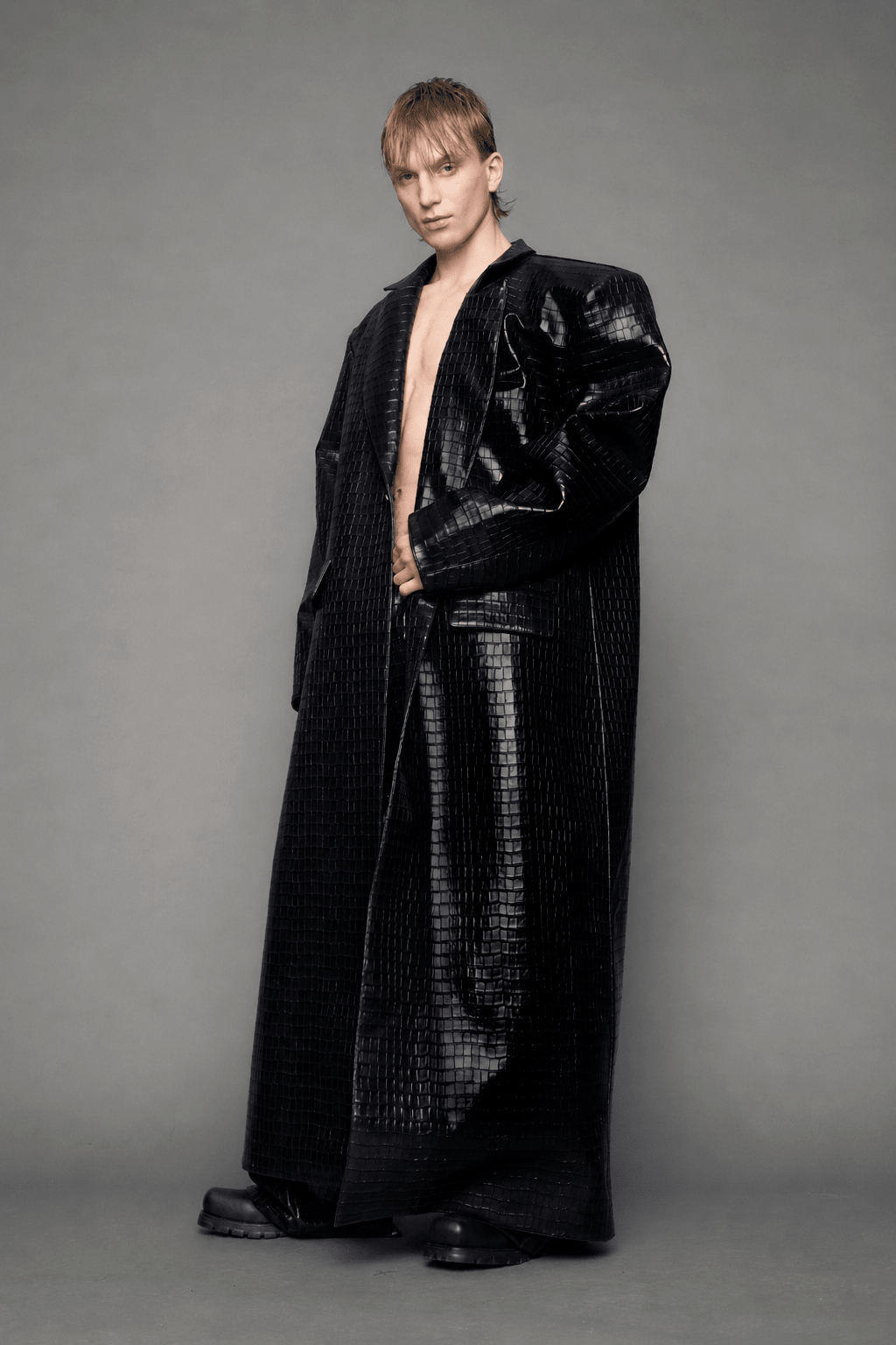 NAMILIA Leather Elongated Croc Blazer Coat - BLACK, xs