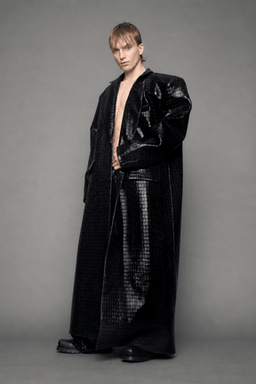 NAMILIA Leather Elongated Croc Blazer Coat - BLACK, xs