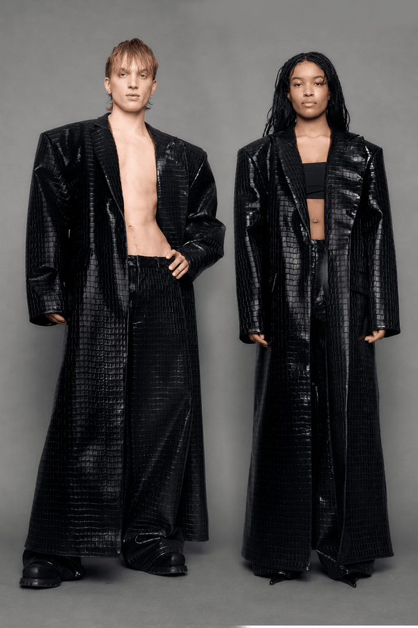 NAMILIA Leather Elongated Croc Blazer Coat - BLACK, xs