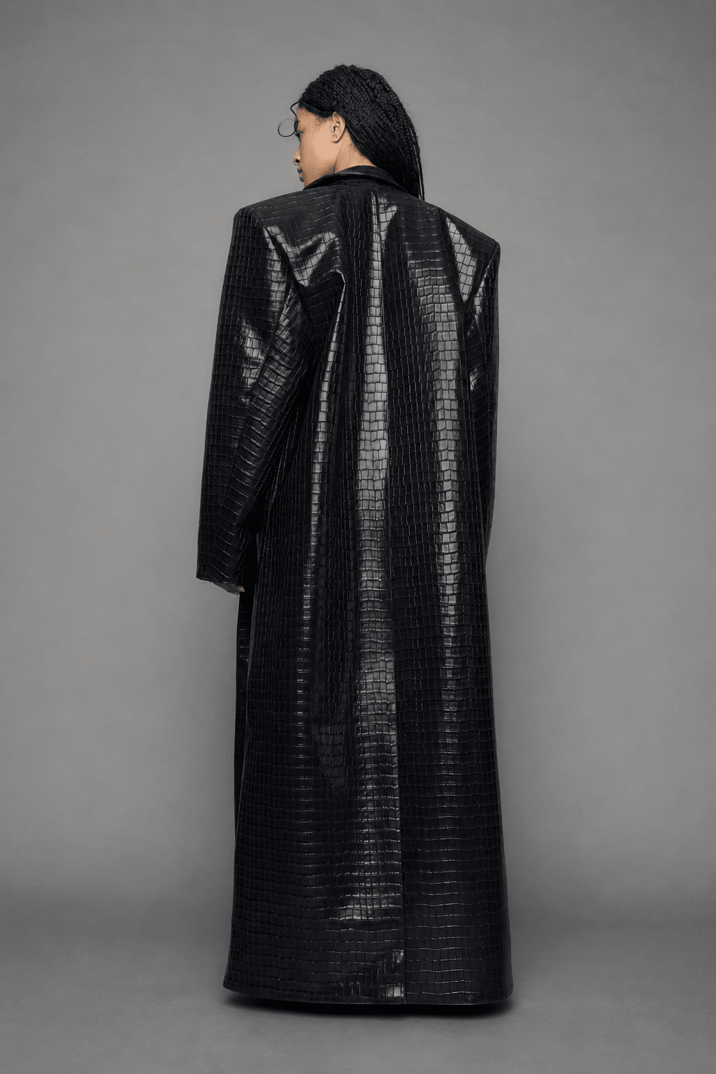 NAMILIA Leather Elongated Croc Blazer Coat - BLACK, xs