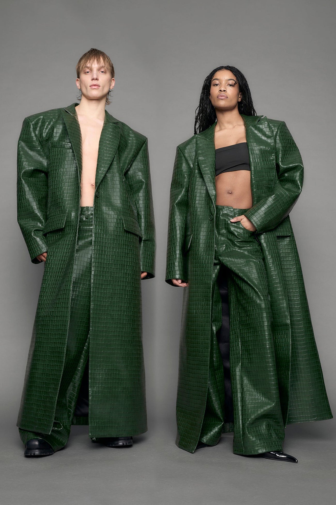model wearing green croc vegan leather elongated blazer coat