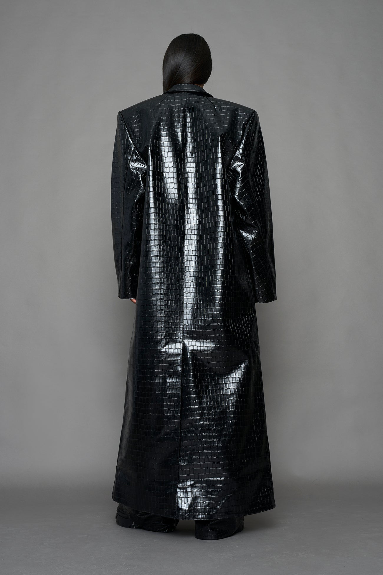 NAMILIA Leather Elongated Croc Blazer Coat - BLACK, xs