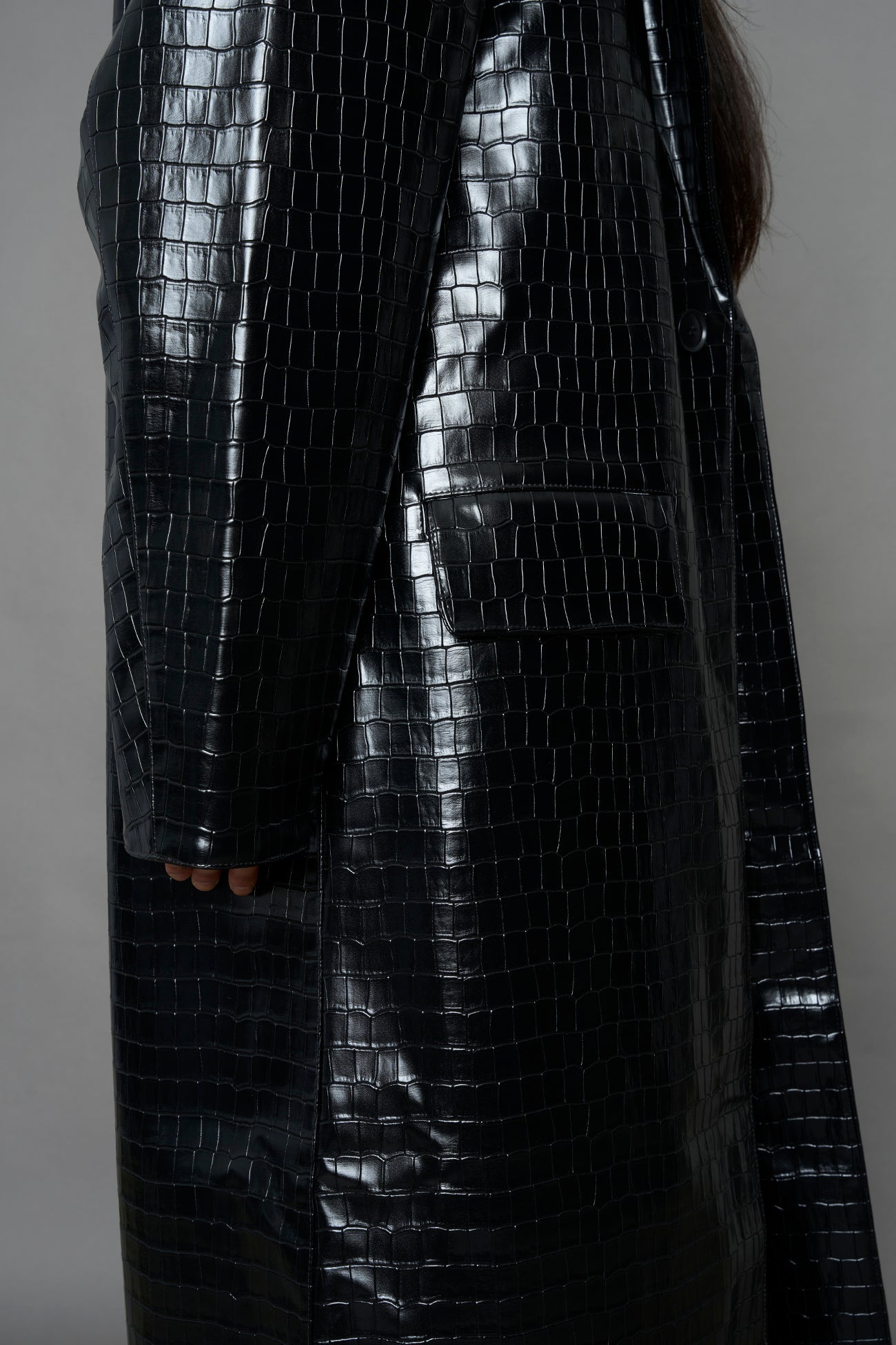NAMILIA Leather Elongated Croc Blazer Coat - BLACK, xs