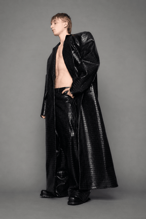 NAMILIA Leather Elongated Croc Blazer Coat - BLACK, xs