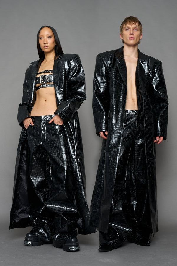 NAMILIA Leather Elongated Croc Blazer Coat - BLACK, xs - BLACK