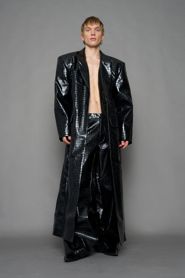 NAMILIA Leather Elongated Croc Blazer Coat - BLACK, xs