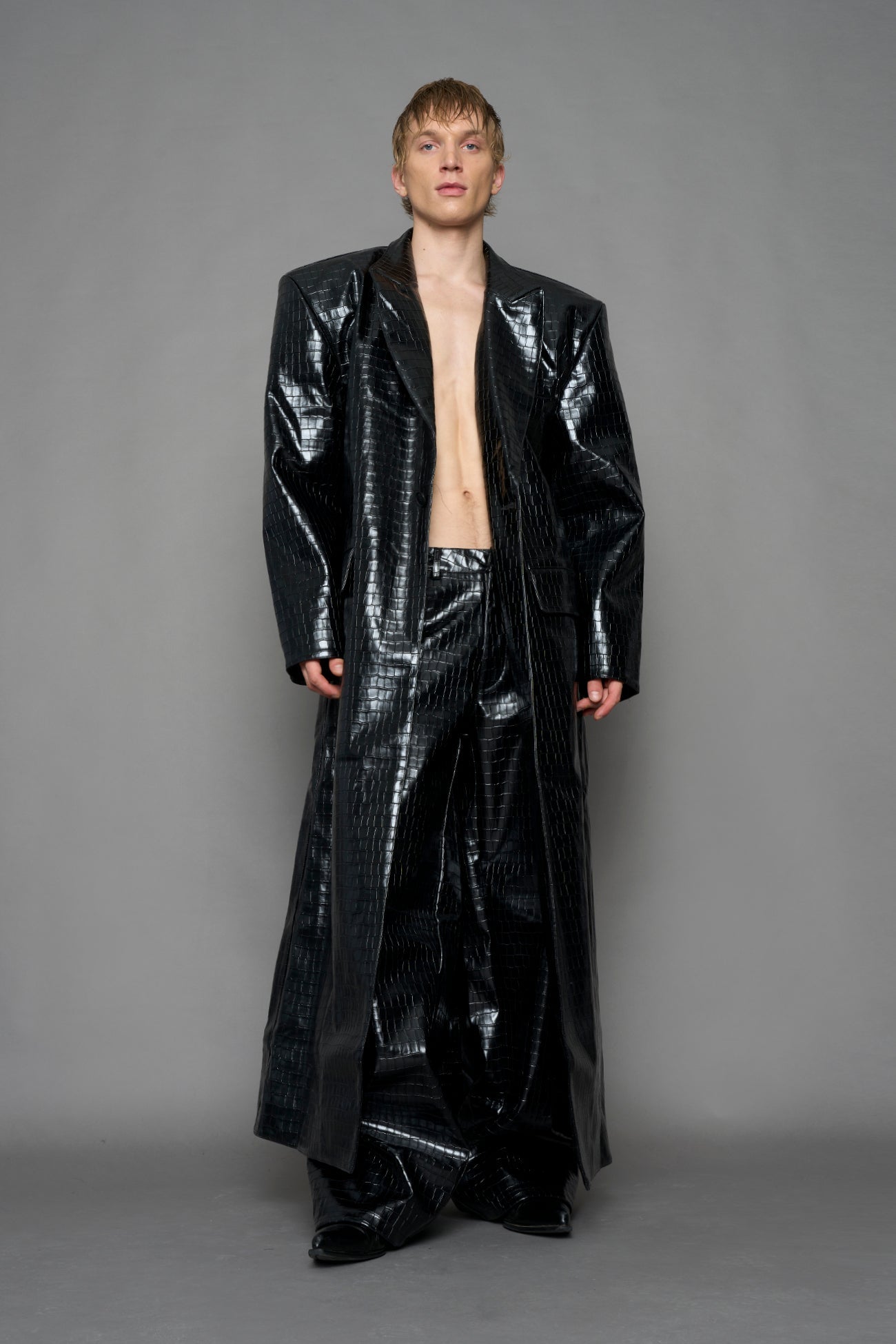 NAMILIA Leather Elongated Croc Blazer Coat - BLACK, xs