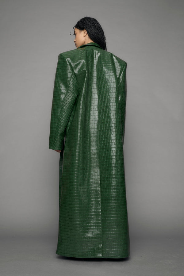 model wearing green croc vegan leather elongated blazer coat