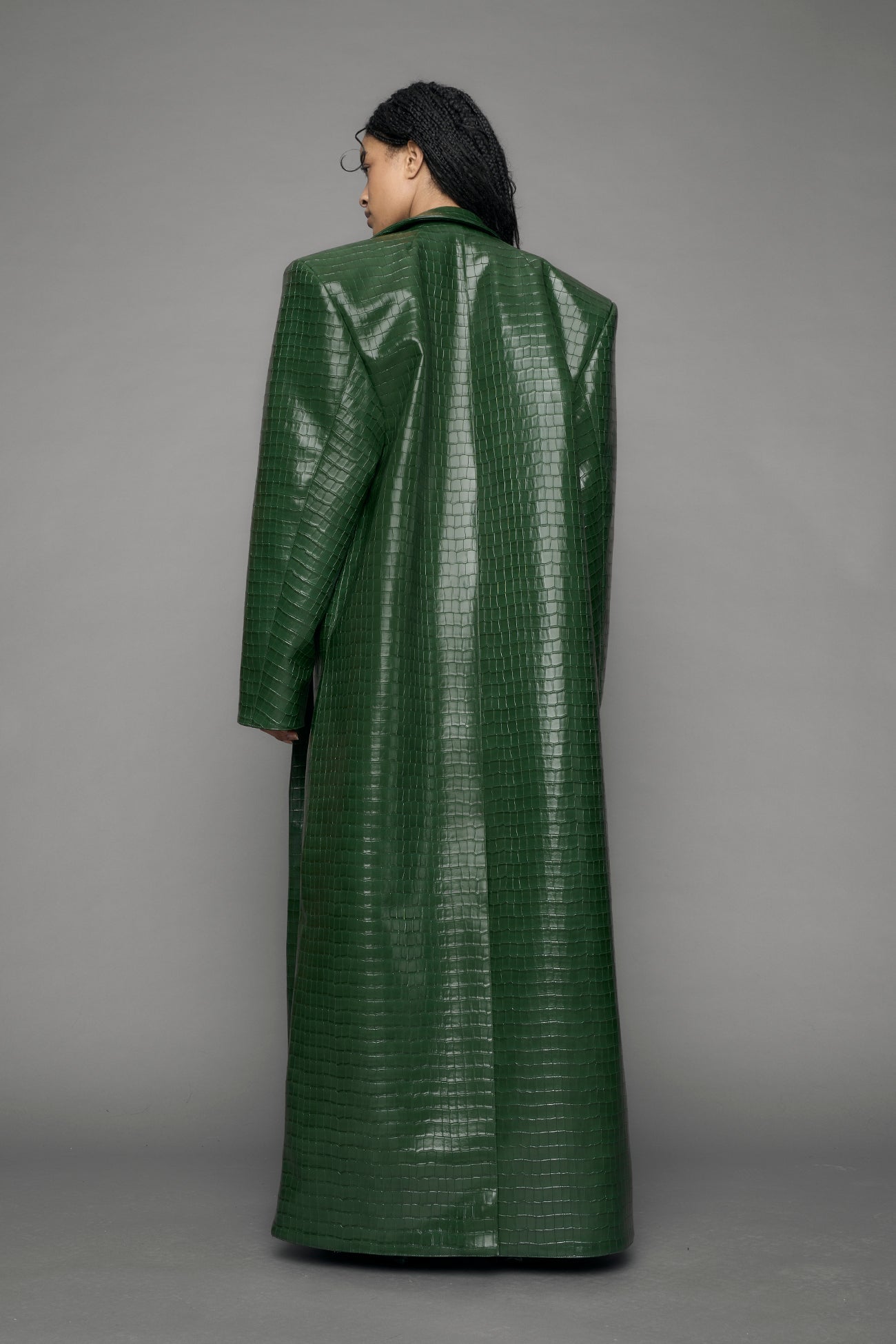 model wearing green croc vegan leather elongated blazer coat