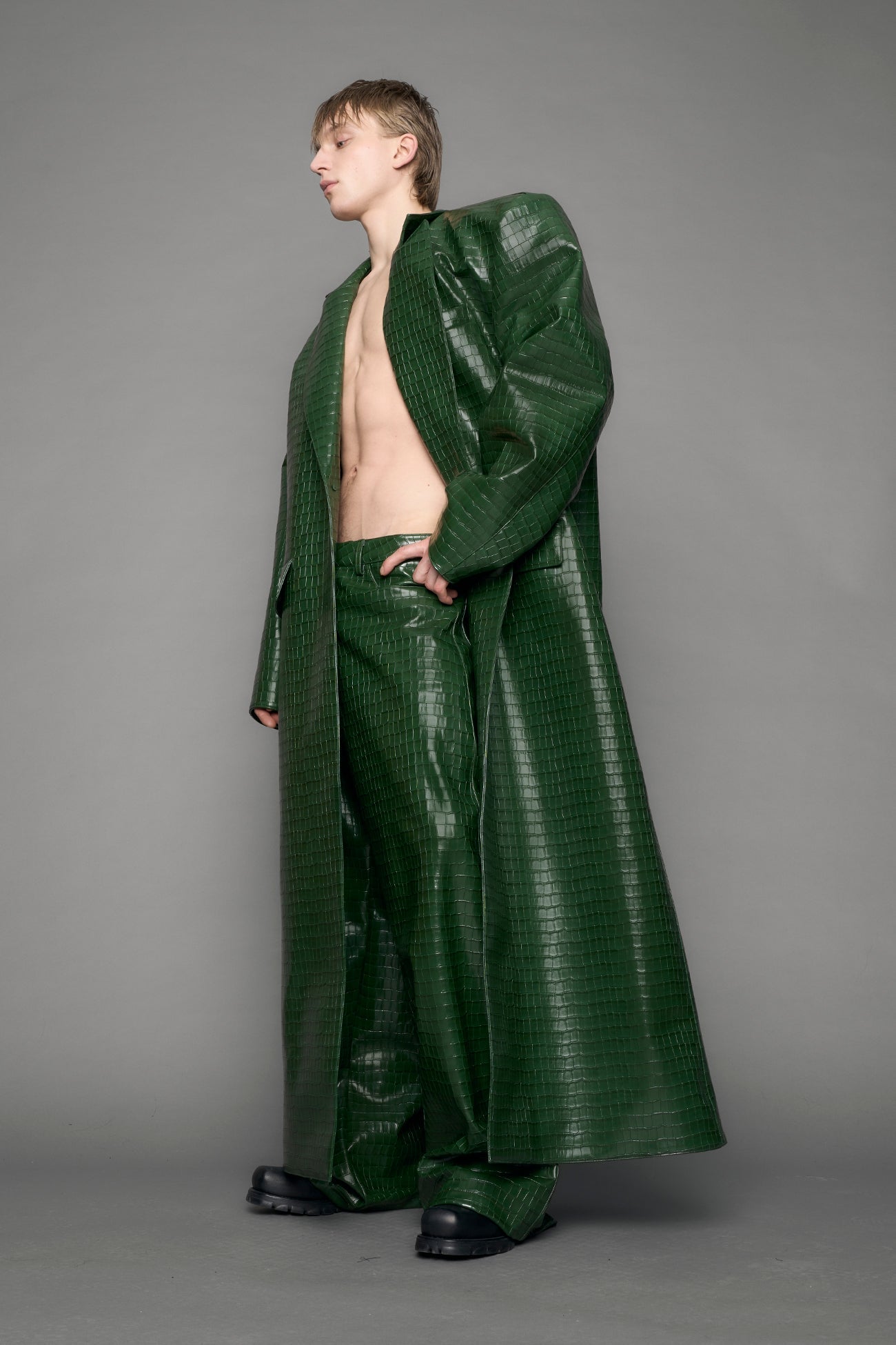 model wearing green croc vegan leather elongated blazer coat
