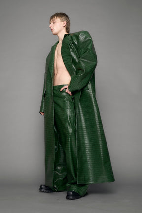 model wearing green croc vegan leather elongated blazer coat