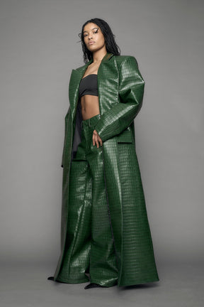model wearing green croc vegan leather elongated blazer coat