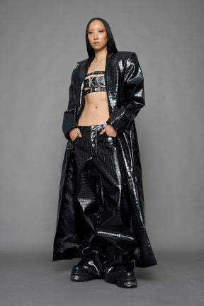 NAMILIA Leather Elongated Croc Blazer Coat - BLACK, xs
