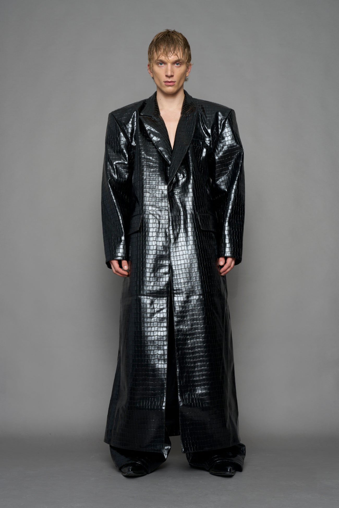 NAMILIA Leather Elongated Croc Blazer Coat - BLACK, xs