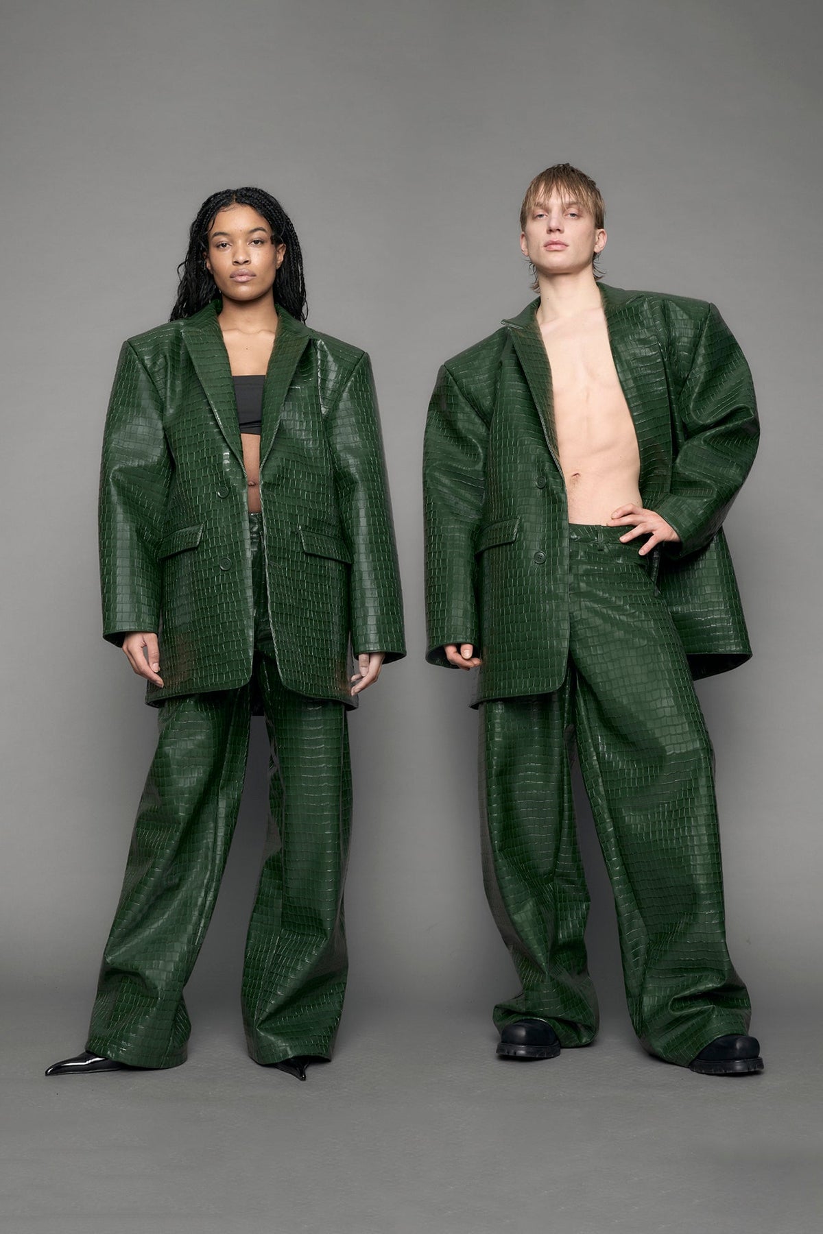 NAMILIA Leather Oversize Croc Blazer - GREEN, s