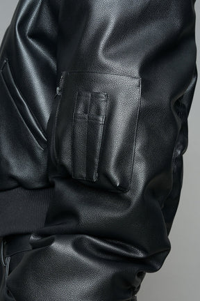 NAMILIA Leather Power Shoulder Bomber Jacket - BLACK, s