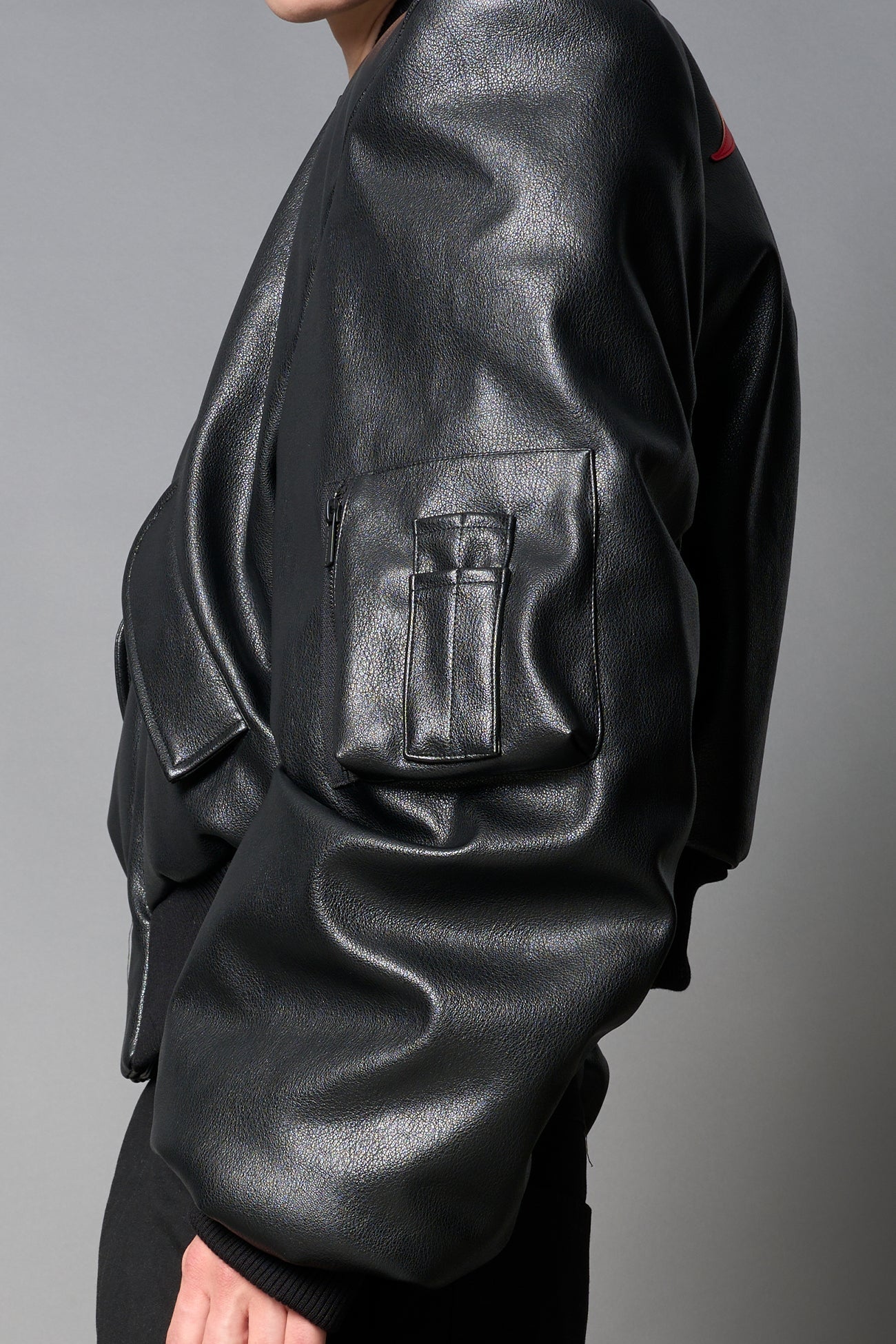 NAMILIA Leather Power Shoulder Bomber Jacket - BLACK RED, s