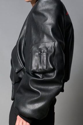 NAMILIA Leather Power Shoulder Bomber Jacket - BLACK RED, s