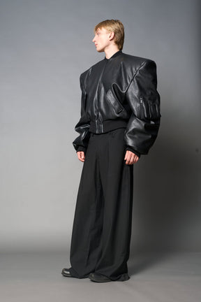 NAMILIA Leather Power Shoulder Bomber Jacket - BLACK RED, s