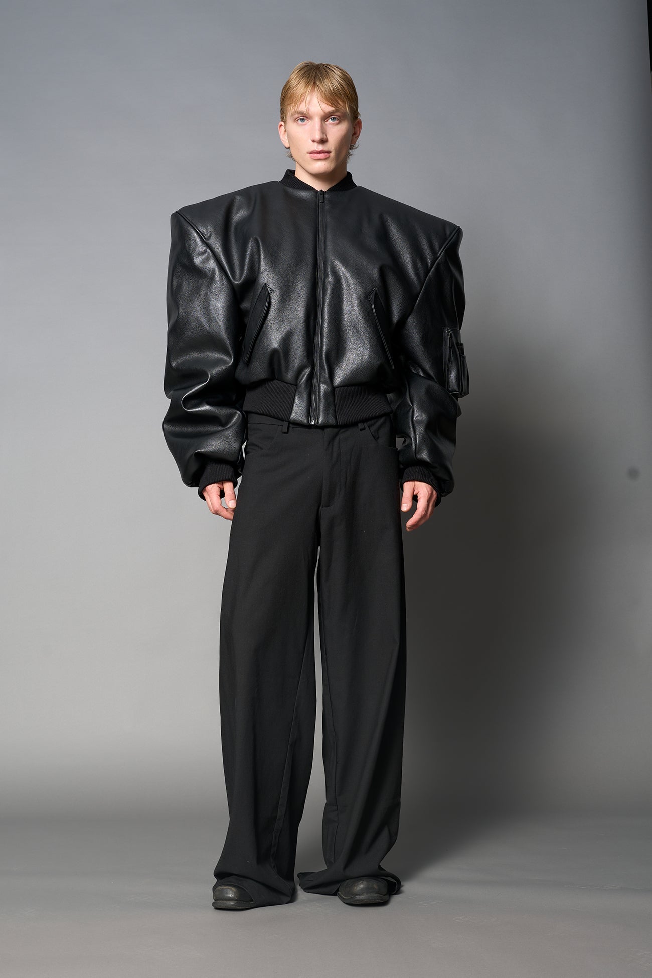 NAMILIA Leather Power Shoulder Bomber Jacket - BLACK RED, s