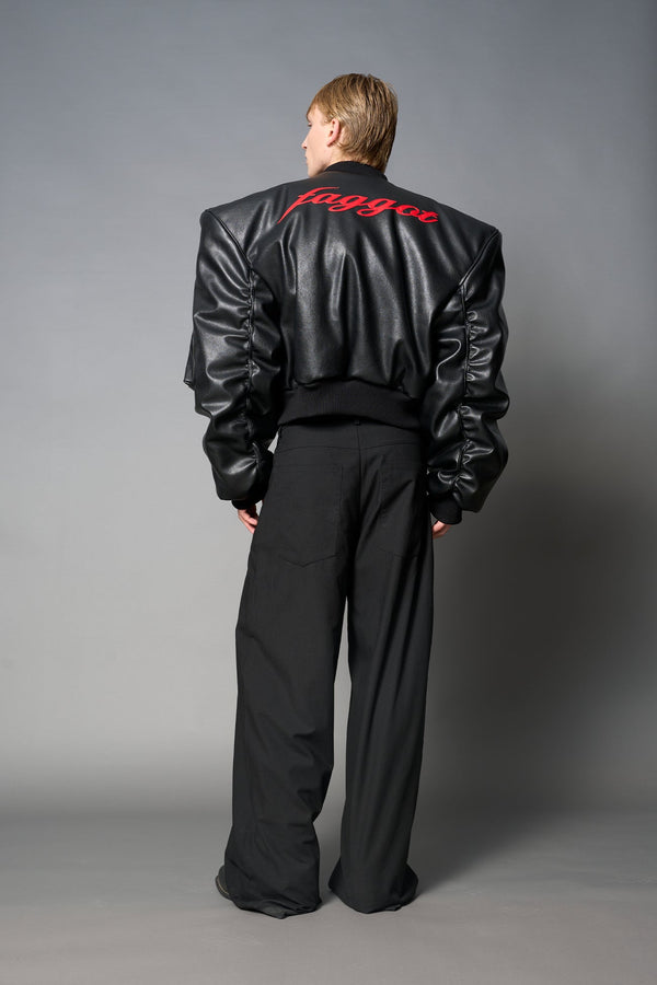 NAMILIA Leather Power Shoulder Bomber Jacket - BLACK RED, s - BLACK RED