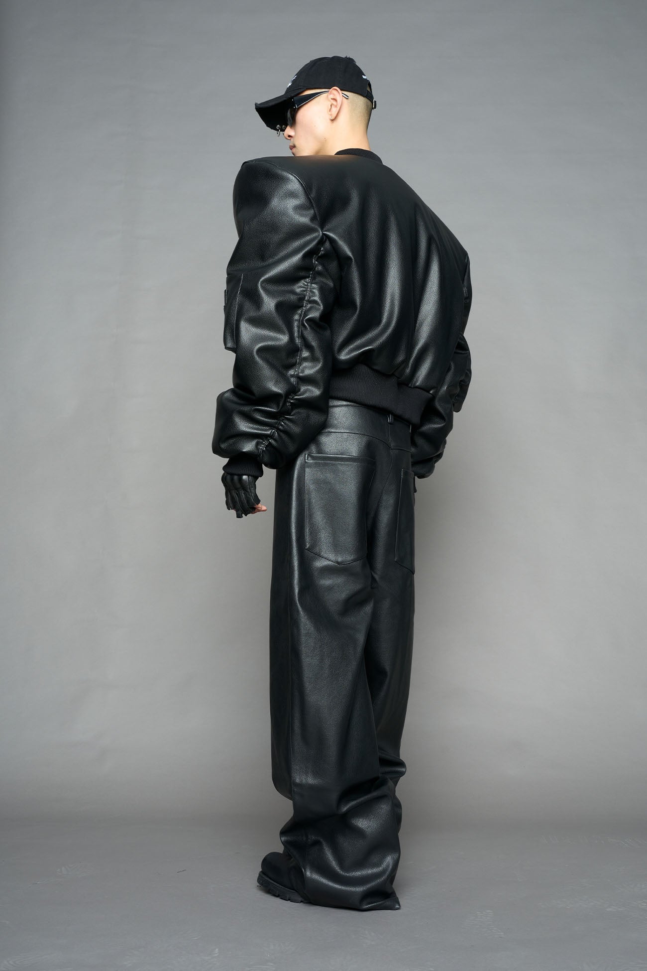 NAMILIA Leather Power Shoulder Bomber Jacket - BLACK, s