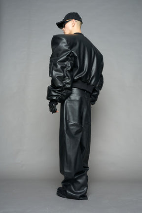 NAMILIA Leather Power Shoulder Bomber Jacket - BLACK, s