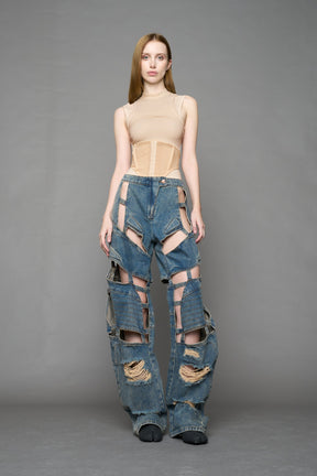 NAMILIA Moto Denim Floating Pants - BLUE / MUD, xs