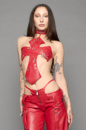 NAMILIA Pierced Cross Top - red, xs