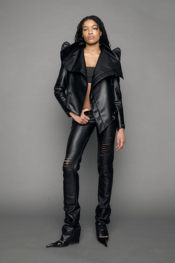 model wearing black pierced vegan leather crop high collar jacket