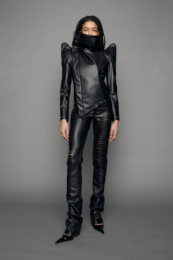 model wearing black pierced vegan leather crop high collar jacket - black