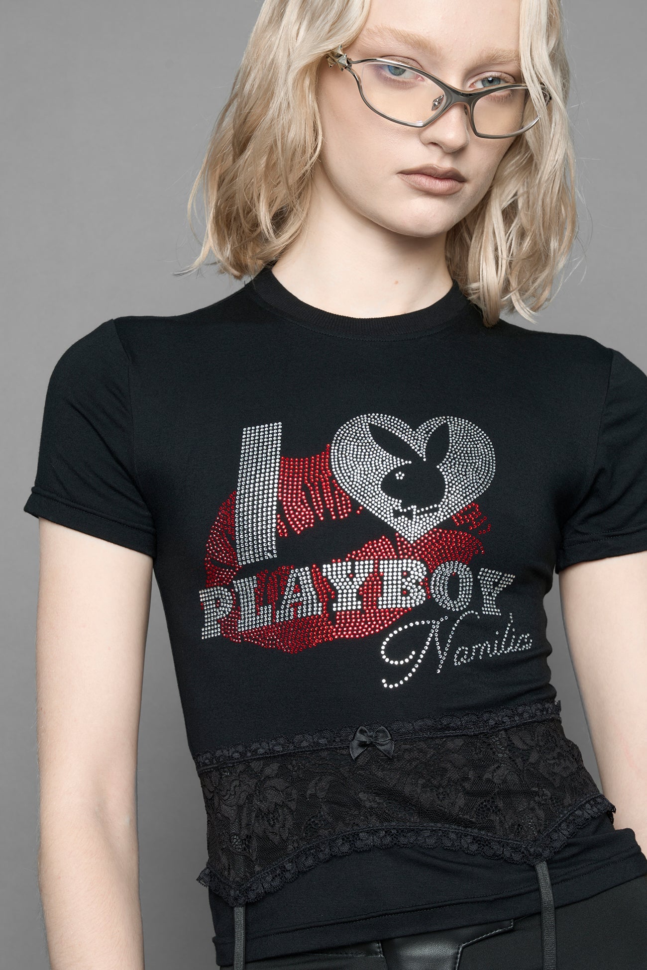 NAMILIA Playboy Crystal Lingerie Tee - black print, xs