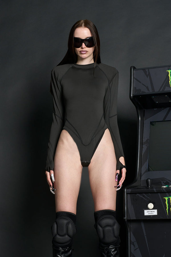 NAMILIA Power Shoulder Bodysuit - Flat Panty - BLACK, xs