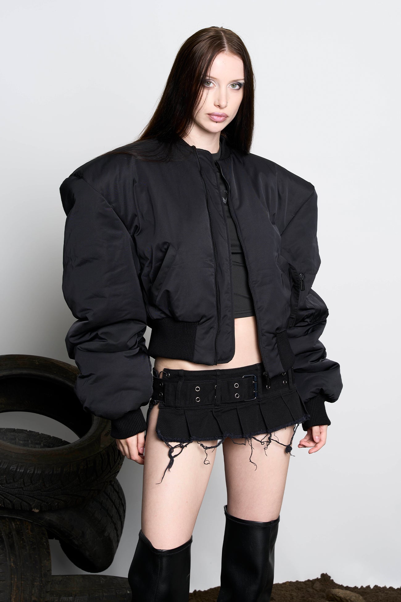 NAMILIA Power Shoulder Bomber Jacket - Black, s