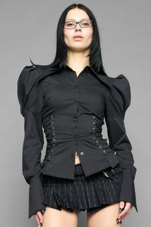NAMILIA puff sleeve corseted shirt - BLACK, xs