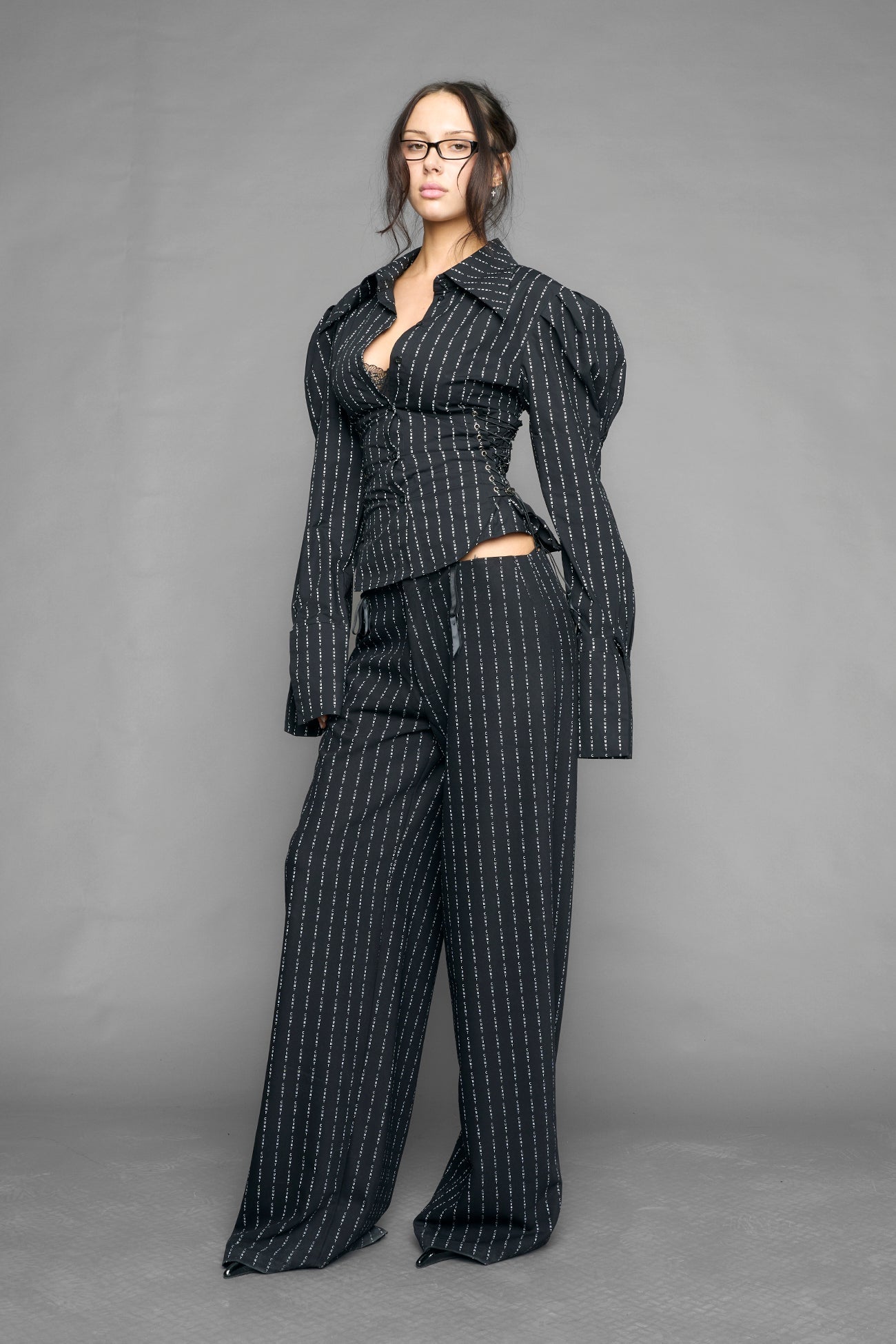 NAMILIA puff sleeve corseted shirt - BLack print, xs