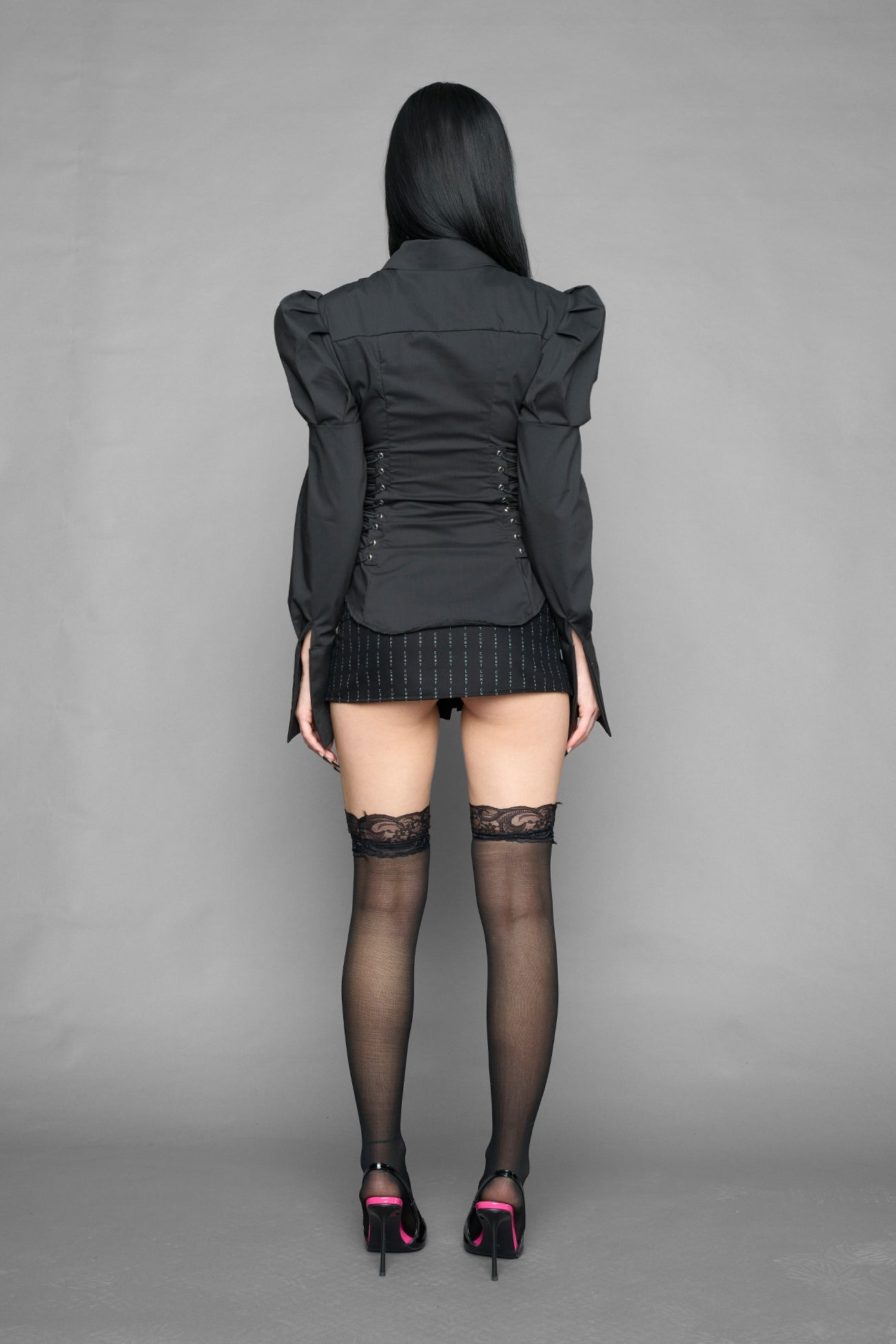 NAMILIA puff sleeve corseted shirt - BLACK, xs