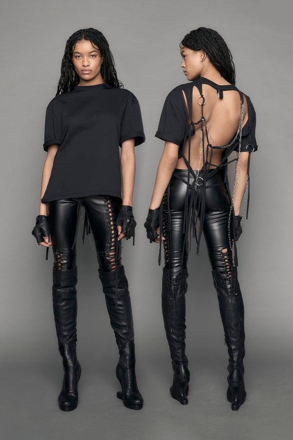 model wearing black shredded t-shirt with chains - black