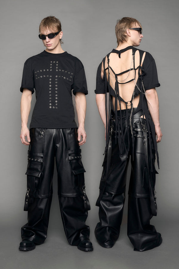 model wearing black print shredded t-shirt with chains - black print