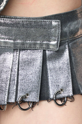 NAMILIA Silver Platet Denim Pleated Mini Skirt With Rings - SILVER PLATED, xs